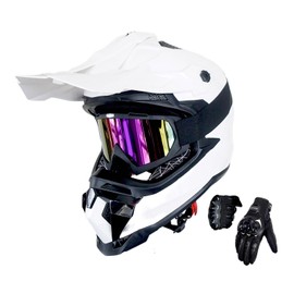 1Storm Adult Motocross Helmet ATV Dirt Bike BMX MX Downhill Mountain Helmet Track Style JH601; Glossy White + Goggles + Skeleton White Glove Bundle