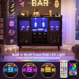 iSunirm Wine Bar Cabinet with Power Outlet, Liquor Cabinet Bar with LED Light and Glass Holder, Home Coffee Bar Cabinet, Buffet Sideboard with Storage Shelf for Kitchen, Dining Room, White