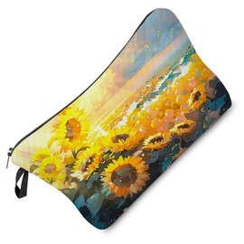 Livel lhood Sunflower Makeup Bag Field of Sunflowers Small Toiletry Organizer Zipper Pouch Cartoon Golden Sunflower Pattern Cosmetic Bag Present for Sunflower Lovers Women
