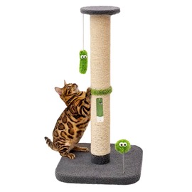 TINYBEAST 34.7" Tall Cat Scratching Post, 3 in 1 Heavy Duty 4.3" Diameter Natural Sisal Post with Hanging Bell Ball, Reinforced Stable Base for Indoor Adult Cats and Kittens(Grey)