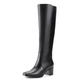 Shoe'N Tale Women's Knee High Boots Square Toe Tall Boots Mid Chunky Block Heeled Boots Side Zipper(7,Black PU)