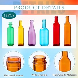 Zhehao 12 Pcs Colored Glass Bottles 6 Shapes Colorful Empty Wine Bottles Decorative Glass Bottle for Bottle Tree Garden Yard Outdoor Home Decor, 6 Assorted Colors