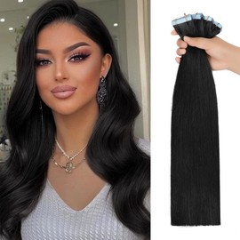 JESSBO Tape-In Real Hair Extensions, Black, 45 cm, Pack of 20, Invisible Tape Extensions Hair Extensions, Real Hair, Jet Black (50 g/Pack)