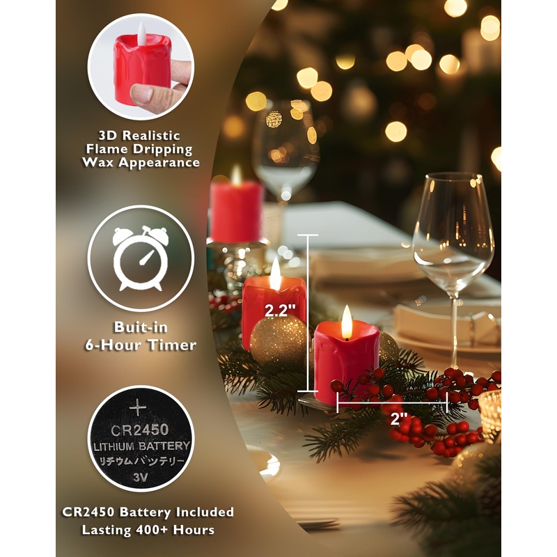 Homemory 6Pack 2" x 2" Red LED Votive Candles with