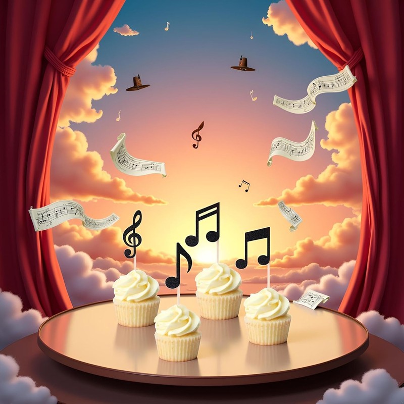 36pcs Musical Notes Cupcake Toppers，Black Glitter Note Cupcake Picks For
