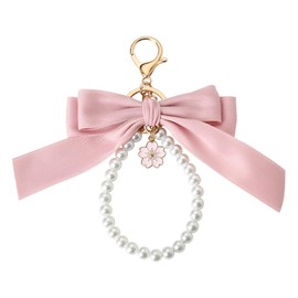 Pink Bow Wristlet Keychain for Girls Pearl Beaded Keychain Wristlet for Car Keys Keychain Accessories for Women Girls Wallet Purse Bowknot Keychain Bracelet for Girls Pearl Bead Bracelet Keychains