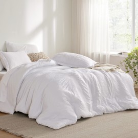 Bedsure Twin Comforter Set - 5 Pieces Striped Seersucker Jacquard Comforter Bedding Set, Bed in a Bag with Comforter, Flat Sheet, Fitted Sheet, Pillowcase & Sham, White