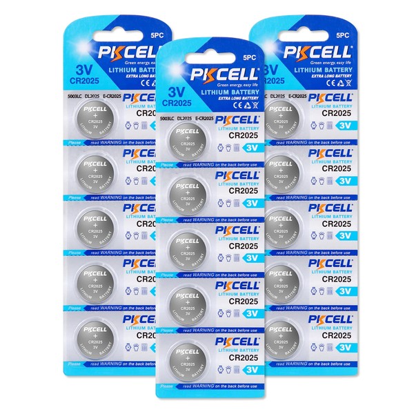 PKCELL CR2025 Battery,2025 3V Button Cell Battery,15 Pack Lithium Button Cell Watches Battery,5-Year Warranty