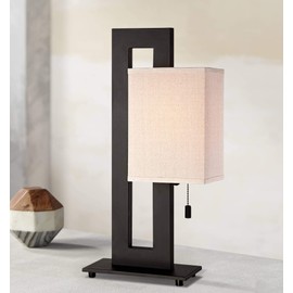 Modern Accent Table Lamp 20.5" High Rich Espresso Bronze Brown Open Rectangular Metal Base Oatmeal Floating Box Shade for Living Room Bedroom House Bedside Nightstand Home - 360 Lighting