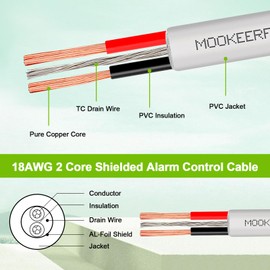 MOOKEERF 18 AWG 2 Conductor Stranded Shielded Plenum Cable 100FT 18/2 Shielded Wire White CL3P Jacket for Security/Alarm/Access Control/Sound-18AWG 2 Conductors Wire