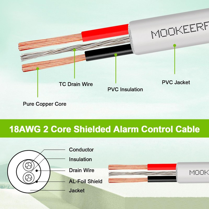 MOOKEERF 18 AWG 2 Conductor Stranded Shielded Plenum Cable 100FT
