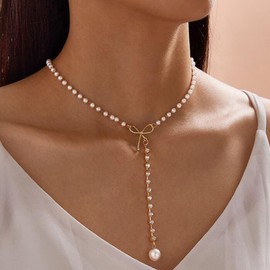 Zeshimb Crystal Pearl Pendent Necklace Gold Y Lariat Necklaces Bow Pearl Choker Necklace Rhinestone Pearl Chain Necklace Jewelry for Women and Girls