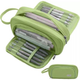 Unbranded Large Pencil Case Pouch Pen Zipper Bag Student School Make Up Organizer Black - Green