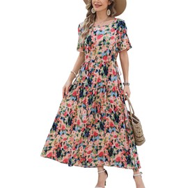 Kormei Women Casual Short Sleeve Loose Drawstring Bohemian Floral Dress Summer Beach Swing Long Maxi Dresses S Red/Blue