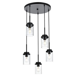 MELUCEE 5-Light Pendant Light Fixtures Ceiling Hanging Cluster Chandelier Black with Clear Glass Shade, Modern Pendant Lighting for Kitchen Island Dining Room Living Room