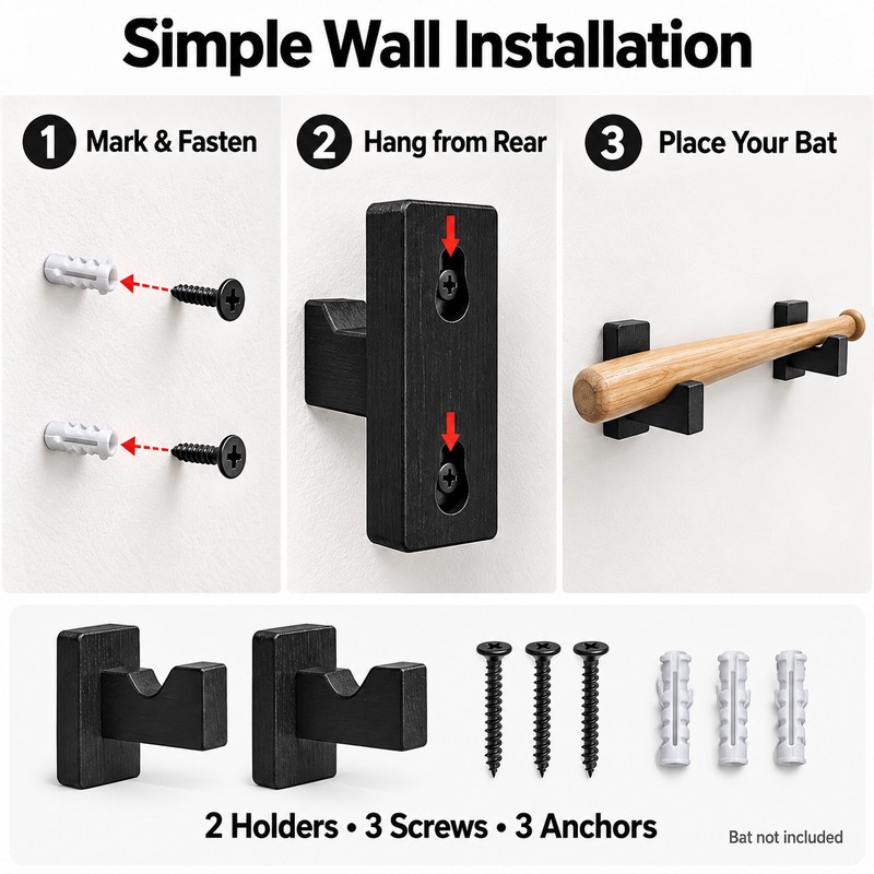 2-Piece Wooden Wall-Mount Baseball Bat Holder Display Rack with Soft