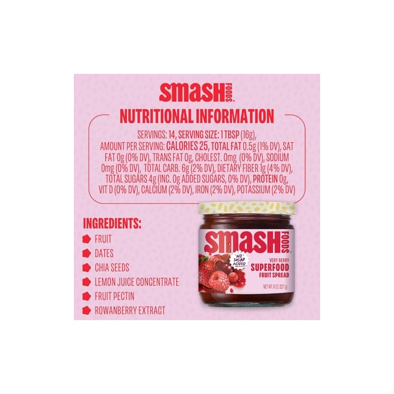 Smash Foods Very Berry Superfood Fruit Spread, No Sugar Added,