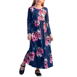 GORLYA Girl's Long Sleeve Floral Print Loose Casual Holiday Long Maxi Dress with Pockets 4-12 Years (12-13Years/Height:160cm, Red Flower)