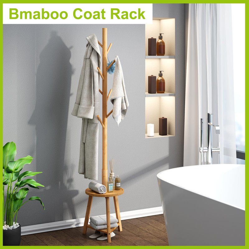 BMOSU Coat Rack freestanding Stand with 2 Shelves Bamboo Wooden