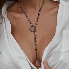 Qitian Stainless Steel Adjustable Lariat Y-Necklace for Men,Punk Gothic Cuban Necklace Jewelry,Heart O-ring Slip Chain Necklace for Women (Black)