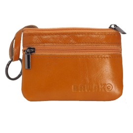 BAWAKO Genuine Leather Small Coin Purse for Men and Women, Two Compartments, Zip, Keyring, Orange, 10 cm * 7 cm