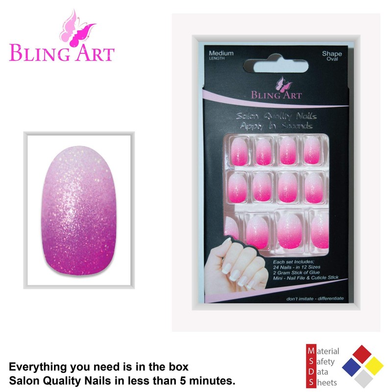 False Nail Bling Art Magenta Gel Ombre Oval 24 False