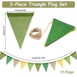 Bunting Green 4 m, Bunting Fabric, Outdoor Linen Bunting Garland, Weatherproof Birthday Garland, Garden Bunting Decoration for Wedding, Children's Room, Christening Party, Pack of 3