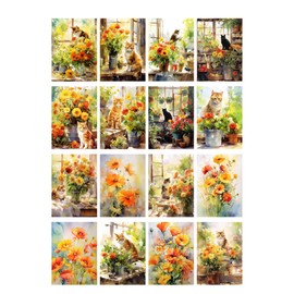 Decoupage Paper Pack (35 Sheets 6"x8") Adorable Cats Playing with Flowers in Bright Colourful Greenhouses FLONZ Vintage Illustration Pictures Cards for Decoupage, Craft and Scrapbooking