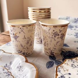 Elegant Blue & Gold Floral Paper Cups – Pack of 8, Stylish Disposable Cups for Parties, Weddings, and Special Events