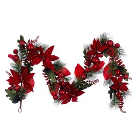 Vickerman 72" Merry Red Poinsettia, Ball, and Fern Decorated Garland.