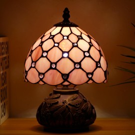 WFAYNTIFL Small Tiffany Lamp Mini Stained Glass Table Lamp Pink Pearl Style Mushroom Accent Lamp 8X11 Inch