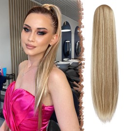 FESHFEN Straight Ponytail Extensions Long Drawstring Pony Tails Natural Synthetic Hair Piece Clip in Ponytails Hairpieces for Women, Mixed Blonde 20 inch
