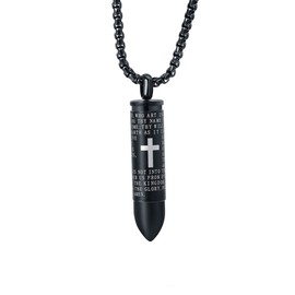 JAYUMO Stainless Steel Cremation Urn Jewelry for Ashes Keepsake Memorial Lord’s Prayer Cross Bullet Pendant Necklace for Men 20 Inch Chain, Gold Silver Black Necklace(Black)