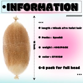 Springy Afro Twist Hair Pre Fluffed Marley Twist Braiding Hair Spring Twist Hair Wrap Hair for Soft Locs Hair Extensions (27/613, 16 Inch (Pack of 8))