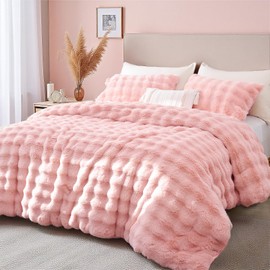 YIKUSH Pink Comforter Set Queen - Luxurious Faux Fur Comforter for Winter, Fluffy Comforter Queen Set with 2 Pillowcases, Soft Warm Pink Bedding Set