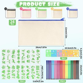 Votoko DIY Fabric Pencil Case, Blank Children's Canvas Bags for Painting, Small Cosmetic Bag Fabric with Zip, 12 Colouring Pencils, 12 Painting Stencils for Travel, Storage 21 x 12 cm