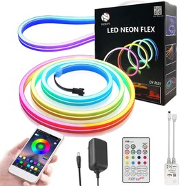 DOSYU Tira LED Neón Flex RGB de 5 metros con bluetooth, impermeable y audiorítmica, ideal para decoración de interiores y exteriores, incluye eliminador y control remoto. Tipo de LED 5050.