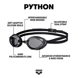arena Unisex Training Wettkampf Schwimmbrille Python (UV-Schutz, Anti-Fog Beschichtung, Harte Gläser), Smoke-Black (50), One Size
