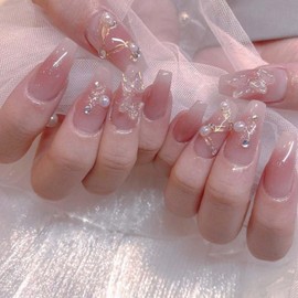 POKENGDA Coffin Acrylic Fake Nails Design,Nail glue included,Long Super Bling Press on Nails,Reusable Bling French Acrylic Daily False Nail Kits for Women