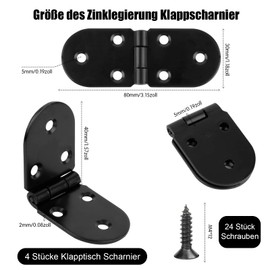 Pack of 4 Folding Hinge Folding Table Hinge Stainless Steel Round Hinges 180 Degree Screw-On Hinge Folding Table Hinge Furniture Hinge Sewing Machines Tables Flap Hinge (Black)