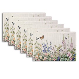 Wildflowers Placemats Set of 6,Flower Herbs Butterfly Spring Washable Linen Table Mats for Kitchen Dining,Indoor Outdoor Decor,12 x 18 Inches