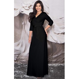 KOH KOH Plus Size Womens Long 3/4 Half Sleeve Sleeves Flowy V-Neck Casual Fall Winter Empire Waist Evening Cute Full Floor-Length Gown Gowns Maxi Dress Dresses, Black XL 14-16