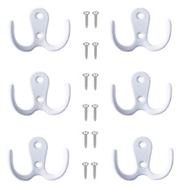 Yesmin 6 Pcs Double Prong Robe Hooks, Dual Coat Hooks Wall Mounted Hanging Clothes for Bathroom Bedroom Door Wall Retro Metal Cloth Hanger Double Coat Hooks with 8 Screws-White