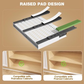Seinloes 2 Pack Pull Out Cabinet Organizer With Raising Pad for Framed Cabinets,Expandable Width (13"-21") and Depth (13"-17"),3 Slide Rails Slide Out Drawers with Handle,No-Drill Roll Out Shelf,White