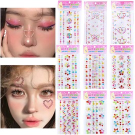 10 Sheets Eye Face Body Gems Jewels Rhinestone Temporary Tattoo Stickers Self Adhesive for Rainbow Makeup (Colorful)