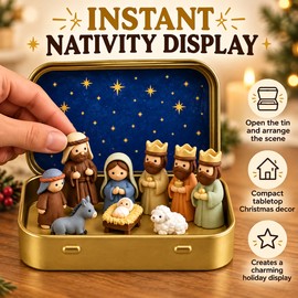 Mini Christmas Nativity Set in Tin Box, Portable Manger Scene Figurine Display for Holiday Table Decor, Christian Gifts and Home Decoration