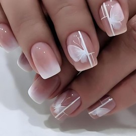 Gradient Pink Press on Nails Short Square Fake Nails with White Butterfly Designs Pink White Gradient Full Cover Glue on Nails Press ons Acrylic False Nails for Women 24 Pcs