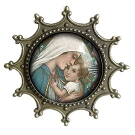 Mother Mary Madonna and Holy Christ Child Glass And Brass Brooch