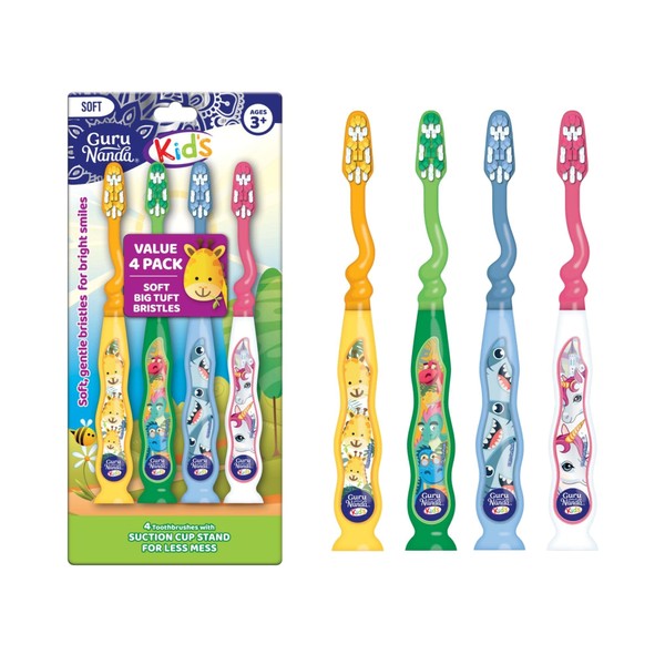 GuruNanda Kids Toothbrush with Suction Cup & Fun Animal Designs - Soft Bristles for Bright Smiles and Healthy Teeth & Gums - Non-Slippery & Mess-Free Toothbrush, Suitable for Ages 3+ - 4 Count