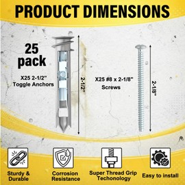 Frienda 25 Pcs Heavy Duty Drywall Anchors Self-Drilling Drywall Toggle Bolts and Zinc Screws Kit Metal Hollow Wall Door Anchors with #8 x 2-1/8 Inch Screws Holds up to 100 Lbs for Hollow Wall Hanging